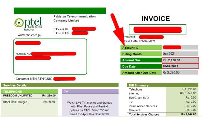 ptcl account id on bill